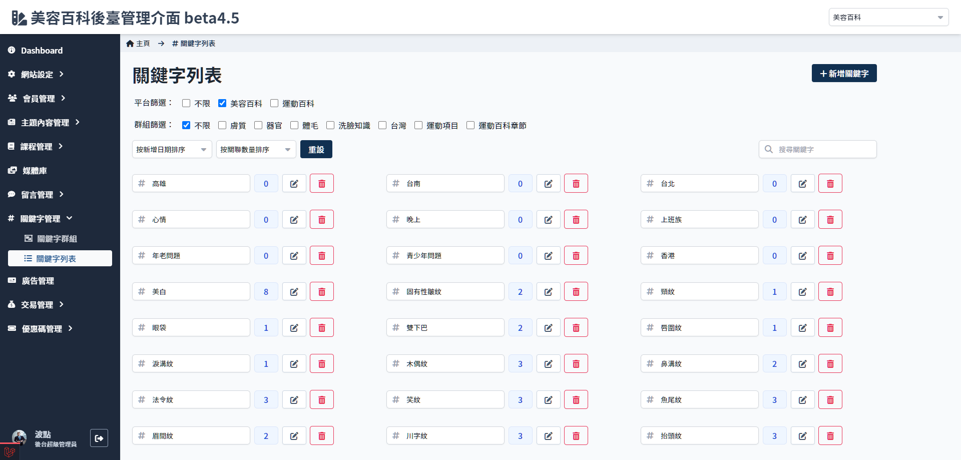 關鍵字列表